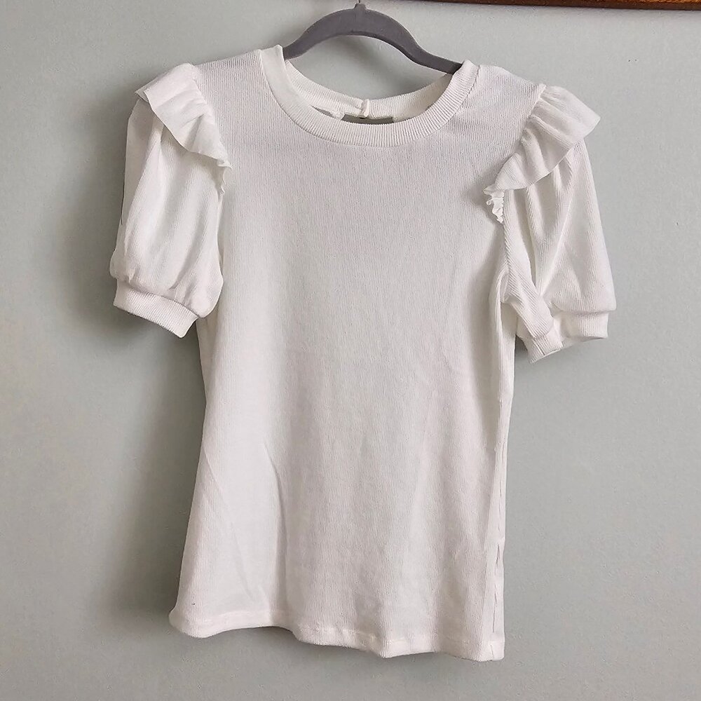 **NWT** Short Sleeve White Top with Ruffle Detail on Shoulder, Small